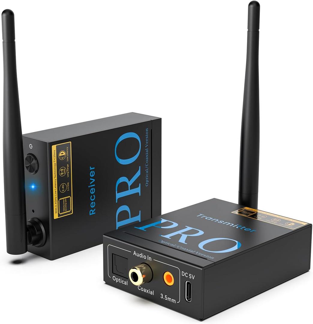 1Mii 2.4GHz Wireless Audio Transmitter and Receiver,48KHz/24bits HiFi Audio, 20ms Low Latency,328ft Long Range Wireless Subwoofer Kit for Speaker/Stereo/Soundbar,Optical/Coaxial/3.5mm(RCA) Ports.