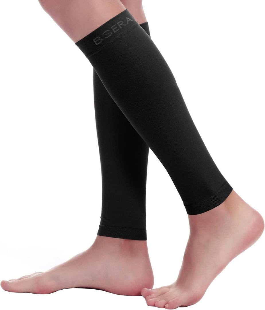 BSERA Calf Compression Sleeve Women, 2 Pairs 15-20mmHg Calf Support Footless Compression Socks Stockings for Shin Splints, Varicose Veins, Recovery (Black, Small)