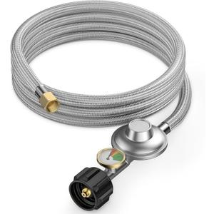 onlyfire 5 Feet Propane Regulator Hose with Propane Tank Gauge, Stainless Steel Braided, QCC1 Propane Adapter Hose Regulator for Burner Stove, Fire Pit, Gas Water Heater, LP Gas Grill (5Ft long propane hose)