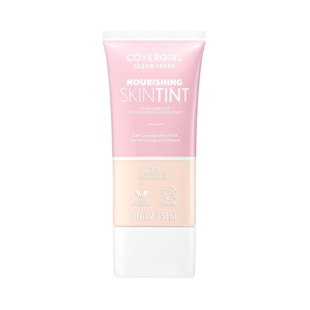 COVERGIRL Clean Fresh Nourishing Skin Tint, 510 Porcelain, Liquid Foundation, Dewy Finish, Infused with Coconut & Aloe, Vegan Formula (1 Fl Oz (Pack of 1))