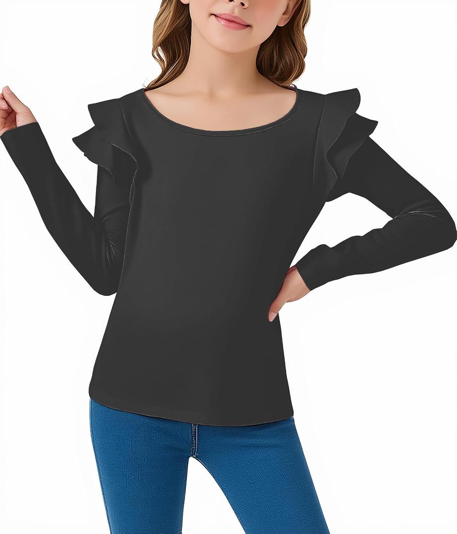 CharmWM Girls Ruffle Long Sleeve Shirts Kids Crewneck Tee Tops Casual Cute Fall Clothes (Black)