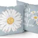 Sweetshow Daisy Pillow Covers 18x18 Inch Set of 2 Farmhouse Summer Spring Daisy Bloom Pillows Floral Blue Decorative Throw Pillow Covers Soft Cotton Cushion Cover for Home Sofa Couch Bedroom