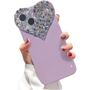 Glitter Case for iPhone 15 6.1, Cute Sparkle Shiny Bling Phone TPU Bumper Cover with Girly Bling Diamond Rhinestone, 3D Aesthetic Heart Gems Case for Women Girls (Purple)