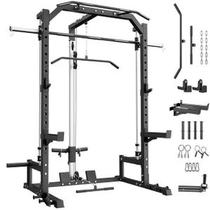 GARVEE Smith Machine with Barbell Bar,Cable System,Lat Pulldown Attachments,J Hooks, Landmine,Safety Spotter Arms,Multi-Functional Squat Rack for Home Gym