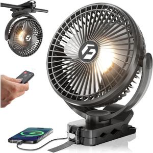 FRIZCOL 24000mAh 8 Inch Portable Clip On Fan, Battery Operated Golf Cart Fan with Lights and Remote, USB Fans Small Desk Fans Personal Quiet Fans for Office Stroller Bedroom and Camping (Black)