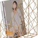 Milnnie Modern Geometric Metal File Organizer for Desk, 8"×10"×12" Iron Mesh Magazine Holder, Desktop Document Rack Storage for Office Supplies, Vertical Book Stand File Folder Rack (Golden)