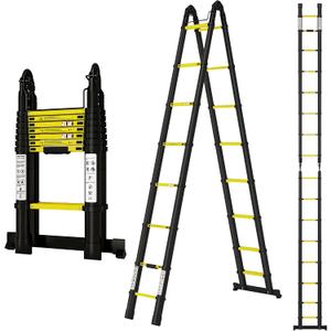 Telescoping Ladder A Frame 16.5Ft Aluminum with Stabilizer Bar, 330 LBS Capacity, Collapsible Extension Ladder for House, Roof, RV & Travel Trailer(Black+Yellow)