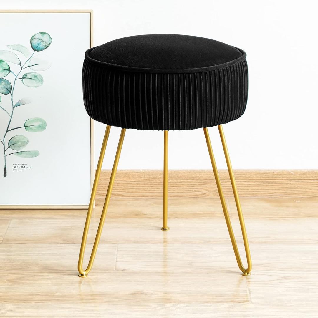 LUE BONA Pleated Vanity Stool, Velvet Upholstered Vanity Stool for Makeup Room, Ottoman Footrest with Metal Legs for Living Room, Bedroom, Black