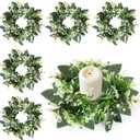 6 Pcs Eucalyptus Candle Ring 4 Inch Center Mini Kitchen Cabinet Wreaths Artificial Small Green Leaves Wreaths Garland Pillar Holder for Home Door Window Farmhouse Wedding Party Table Centerpiece Decor