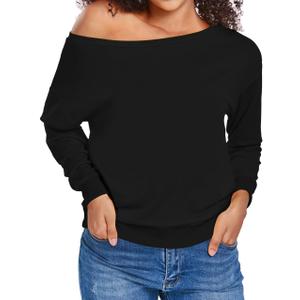 AM CLOTHES Sweatshirt for Women Off The Shoulder Tops Long Sleeve Sweatshirts Oversized Sweaters Shirts X-Large Solid Black (Black, XL)