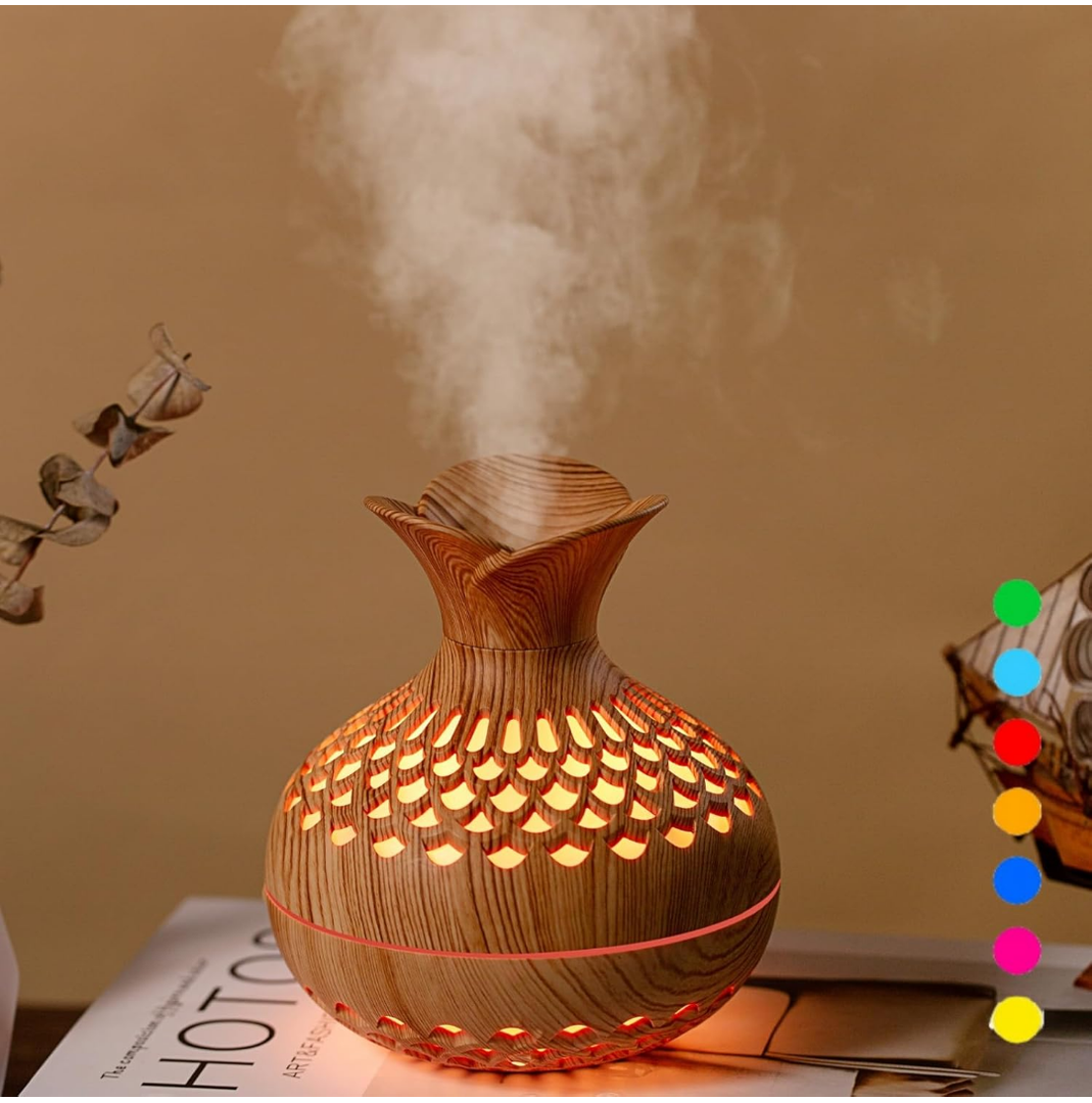 Colorful Cool Mini Humidifier, Flower Shape USB Personal Desktop Humidifier for Car, Office Room, Bedroom,etc. 2 Mist Modes, 7 colors,Super Quiet (Lightwood) (MISSING TOP)