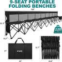 1MORE Soccer Bench,Portable Folding Team Bench,9 Seats w/Backrest.Black