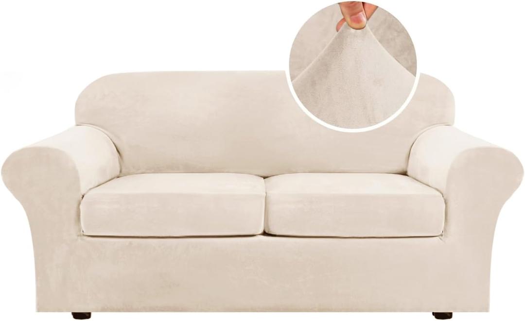 H.VERSAILTEX Real Velvet Plush 3 Piece Stretch Sofa Covers Couch Covers for 2 Cushion Couch Sofa Slipcovers Width Up to 90 Inch Feature Thick Soft Stay in Place (Sofa, Cream)