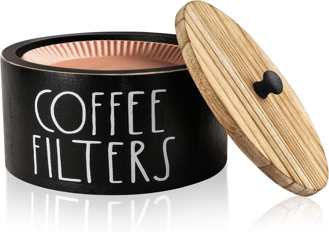 MINCORD Coffee Filter Holder, Wood Coffee Filter Storage Container Dispenser with Lid, Rustic Farmhouse Filters Organizer Basket Accessories for Coffee Bar Counter Decor