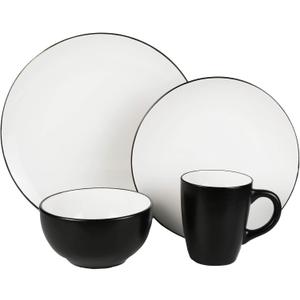American Atelier Bistro Casual Round Dinnerware Set – 16-Piece Stoneware Party Collection w/ 4 Dinner Salad Plates, 4 Bowls & 4 Mugs – Unique Gift Idea, White/Black