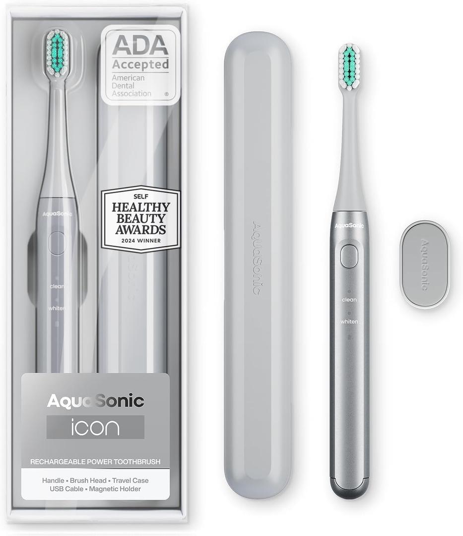 Aquasonic Icon ADA-Accepted Rechargeable Toothbrush | Magnetic Holder & Slim Travel Case | 2 Brushing Modes & Smart Timers | Gentle Micro-Vibrations (Stone) (1 Count (Pack of 1))
