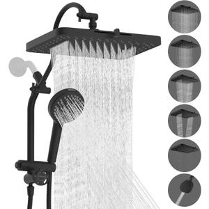 Hibbent Upgraded 13'' Shower Head Combo, High Pressure 5 Spray Rainfall Showerhead, 10 Spray Mode Handheld, All Metal Easy Reach 4-way Diverter Shower Arm with Pause Mode, 71'' Hose and Holder, Black