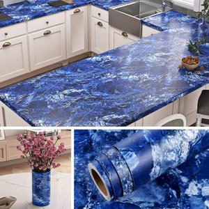 Livelynine Peel and Stick Countertops 24x394in Blue White Marble Countertop Peel Stick Wallpaper Waterproof Contact Paper for Bathroom Sink Counter Covers Kitchen Vinyl Countertop Wrap Renter Friendly