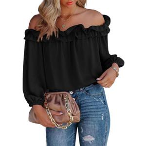 Womens Casual Off Shoulder Tops Long Sleeve Ruffle Flowy Chiffon Blouses Shirts (Medium, Black)