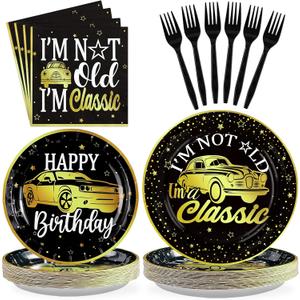 Grencian 96Pcs Classic Car Party Decorations Vintage Car Birthday Plates and Napkins Tableware Sets Old Theme Classic Party Favors for Adult Mens Racing Cars Theme Birthday Supplies Serve 24