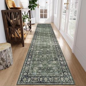 Vintage Hallway Runner Rug 12 ft, Soft Washable Runner Rug Non Slip Retro Carpet Runners, Low Pile Stain Resistant Distressed Kitchen Floor Runner for Entryway(Dark Green,2.5'x12')