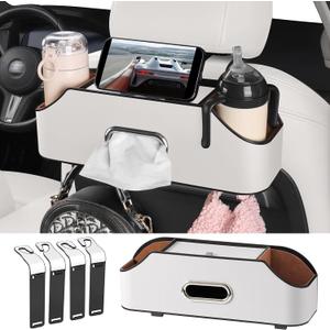 Car Rear Backseat Extra Multifunctional Drink Cup Holder Organizers With Tissue Storage Box Organizer & Hooks For Car Seat Back, White