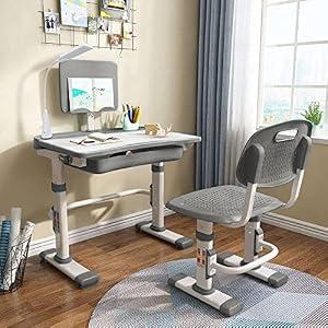 LVYUAN Kids Desk and Chair Set, Height-Adjustable, Included LED lamp, Gray