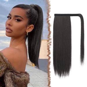 FESHFEN Straight Ponytail Extension 18 inch Natural Long Ponytails Wrap Around Clip in Pony Tail Hair Piece Synthetic Hairpieces for Women, Black Brown