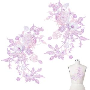 2PCS 3D Embroidered Flower Fabric Beaded Lace Applique Lavender Cloth Appliques Sew On Patches Handmade Sewing Tool for Wedding Bridal Dress DIY Crafts Clothing Accessories