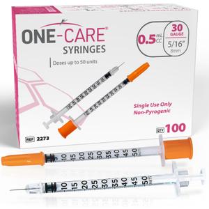 ONE-CARE Syringes 0.5ml/cc, 30G x 5/16"(8mm), Orange Cap, 100/bx