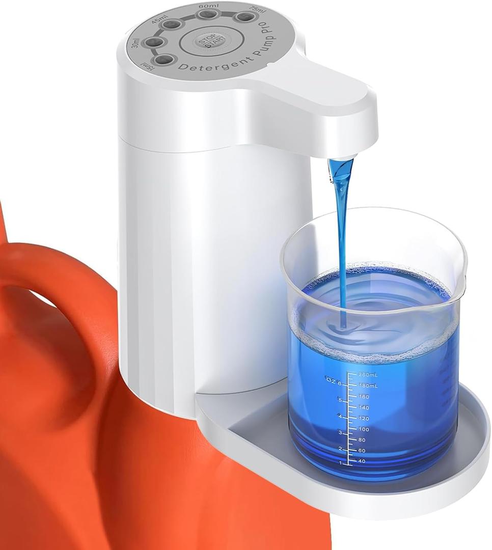 Electric Laundry Detergent Dispenser Pump, One-Press 15-75ml, Fast Dispense from-Large-Container, Rechargeable 2Ah, No-Spill, for Liquid Soap, Fabric Softener, Laundry Room Organization (White)