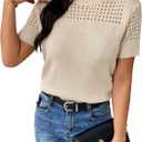 Short Sleeve Sweaters for Women 2026 Casual Crewneck Summer Shirts Lightweight Hollow Out Knit Sweater Tops (Beige, XXL)