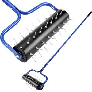 Rolling Lawn Aerator, 21" Pre-Assembled Aerator Lawn Tool, Heavy-Duty Grass Aerator with 45 Spikes, 75" Adjustable Handle Lawn Spike Aerator Roller  Yard Aerator for Lawn Care, Blue