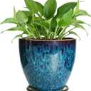 Ceramic Plant Pot, 6 Inch Ceramic Planter Pot with Drainage Hole and Saucer, Succulent Round Flower Pot for Indoor Plants Outdoor, Blue (Blue-glaze)