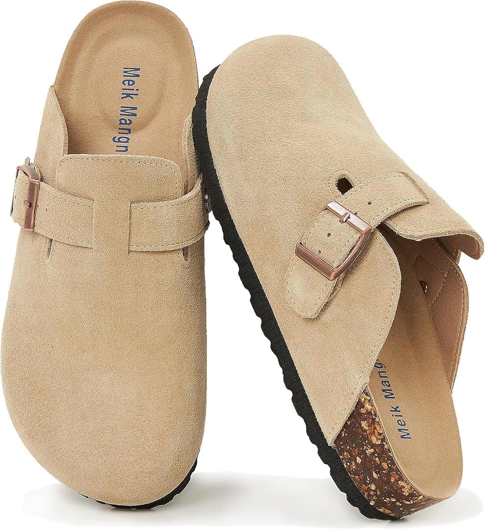 Womens Clogs Soft Leather Mules Cork Footbed Sandals Non-Slip Comfort Potato Shoes (Beige)