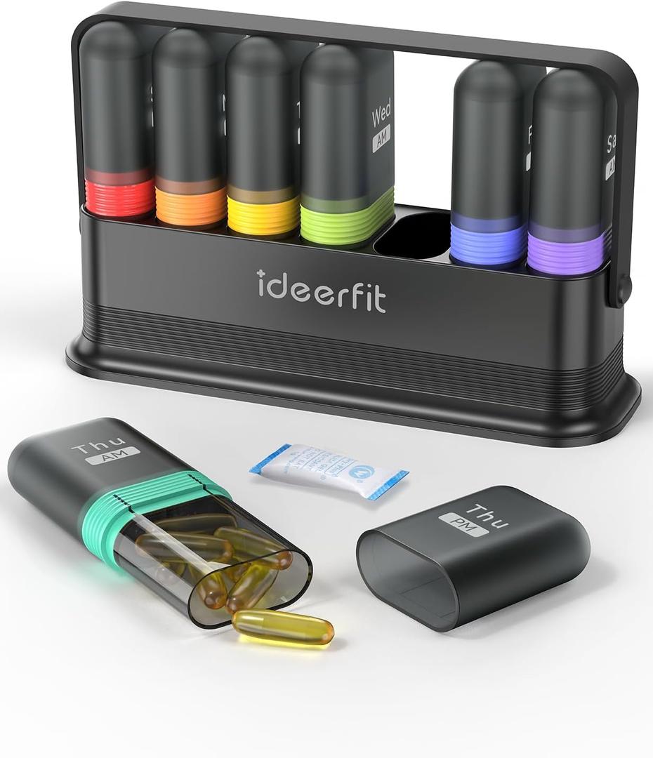 Weekly Pill Organizer 7 Day Two Times a Day, Rotatable Silicone Handle & 7 Detachable Daily Cases, Built-in Desiccant Moisture-Proof Travel Pill Box for Fish Oil, Vitamins & Supplements - Ideerfit