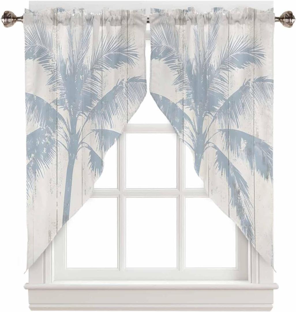 Swag Valances Curtains for Window, Vintage Summer Blue Coconut Tree Wood Grain Swag Curtains Rod Pocket Window Curtain for Kitchen Bedroom Living Room Bathroom, 28"x36" 2 Panel