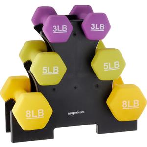 Amazon Basics Neoprene Dumbbell Hand Weights with Easy to Assemble Stand, 3 Pairs (3, 5, and 8 Pounds), Purple/ Green/ Yellow