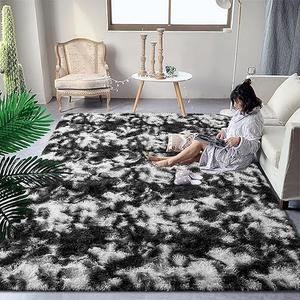 DweIke Fluffy Black White Shag Rugs for Bedroom Living Room, 3x5 Feet Soft Plush Tie-Dyed Cow Girls Boys Kids Rug, Non-Slip and Machine Washable Carpet for Dorm Nursery Classroom Deco  size 36x60