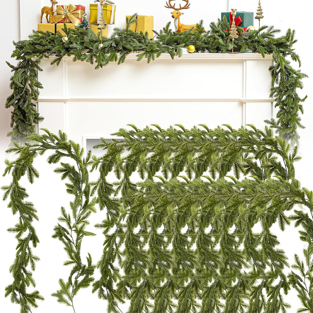 12 Pcs 5.6ft Artificial Christmas Faux Garland Norfolk Pine Garlands Realistic Leaves Hanging Greenery Plant for Christmas Table Fireplace Wall Mantle Indoor Xmas Decor