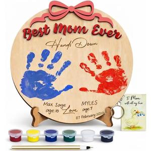 10'' Best Mom Ever Hands Down Big Size DIY Handprint Art Kit with Non-Toxic Paints Family Keepsake, Toddler Crafts for Mother's Day, Mom Birthday Gifts from Kids, To Mom Keychain Message Gifts