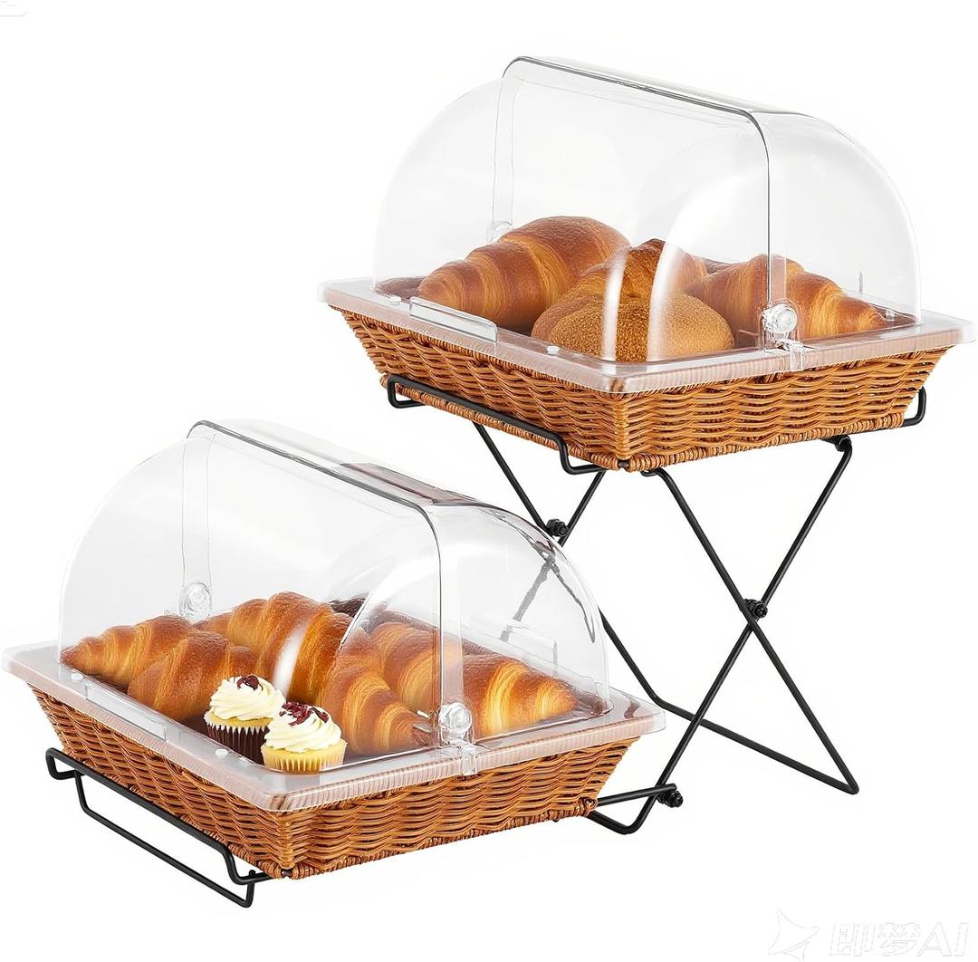 2 Pack Bread Basket Serving Display Tray 13x10.6 In with Clear Roll Top Cover and Metal Display Stand for Snacks Cookies Bakery Pastry Display Rack