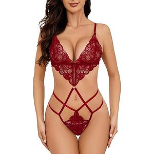 AnloveKiss Women's Lingeries Deep V Teddy Lingerie Sexy Lace Bodysuit Cut Out One Piece Mini Babydoll, M