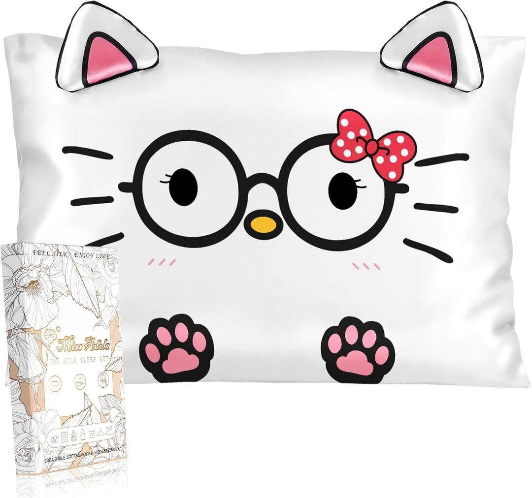 Toddler Pillowcases 13"x18" for Kids - Cute Cartoon Soft Breathable Silk Pillow Cases for Hair and Skin with Hidden Zipper for Girls Fun Kawaii Design for Bedding, Glasses Cat