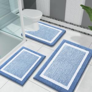 OLANLY Bathroom Rugs Sets 3 Piece, Soft Absorbent Microfiber Bath Mats and U-Shaped Contour Toilet Rug, Home Decor Accessories, Non-Slip, Bath Mat Set for Bathroom (30"x20"+24"x16"+24"x20", Blue)