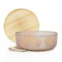 LIBKEN Metal Fruit Bowl Basket with Wooden Lid - Fruit and Vegetable Holder For Kitchen Counter - Countertop Display Baskets Organizer - Bowl Storage for Veggie, Fruits, Snack, and Banana - Peach