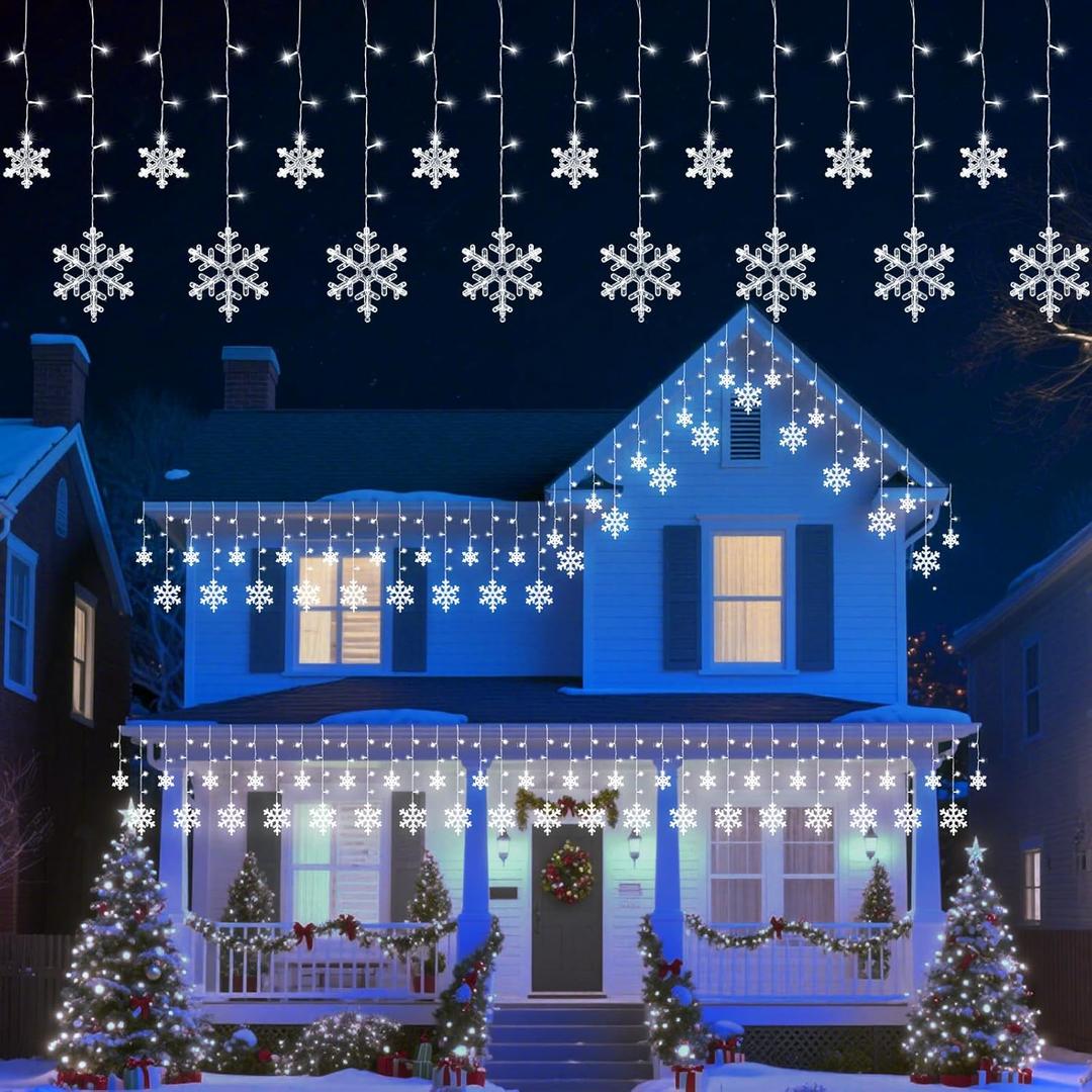 Christmas Snowflake Icicle Lights - 13ft 192LED Snowflake Drops, 12 Modes and Timer, IP65 Waterproof Connectable Christmas Lights for House Eave Window Indoor Outdoor, White