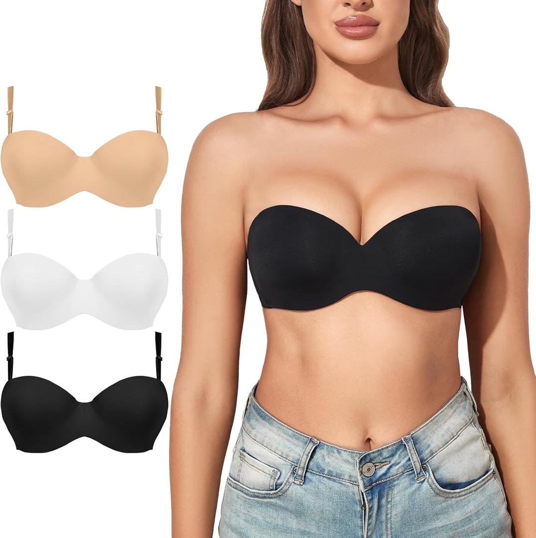 Eleplus Women's Multiway Strapless Bras Push Up Non Slip Lightly Lined Convertible Bra Multi Pack (42C)