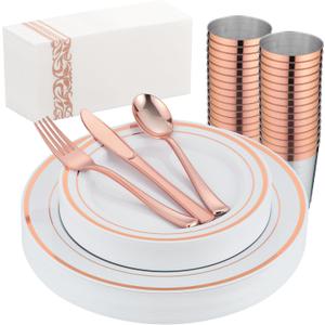 175PCS Rose Gold Dinnerware Set for 25 Guests, Rose Gold Rim Plastic Disposable Plates for Party Wedding Include 25 Dinner Plates, Dessert Plates, Silverware Set, Napkins, Cups