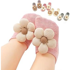 4 Packs Baby Girls Socks,Flower Non-Slip Grips for Babies Toddler Princess Low Cut Ankle Socks for Girls